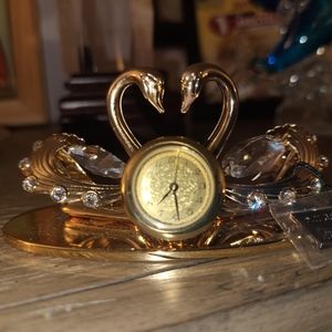 24K Gold Plated Loving Swans Figurine Table-Top Clock Ornament by Matashi